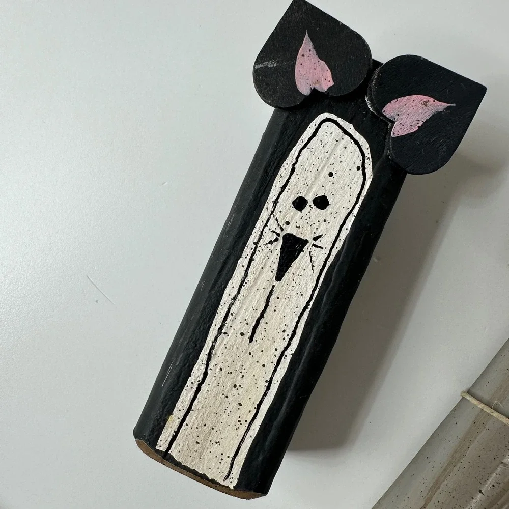 2 Rustic Wood Block Cat Figurines Hand Painted‎ Primitive Folk Art Decor Gift